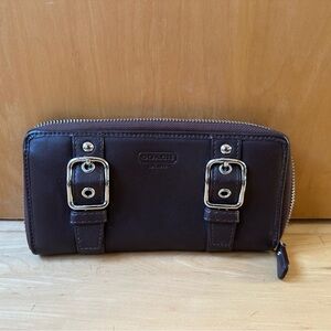 Coach Dark Brown Leather Wallet with Silver Buckles